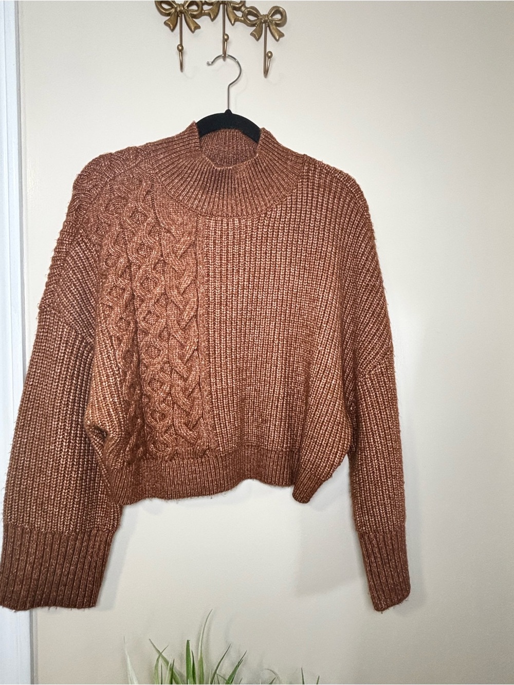 Express Chunky Cable Knit Cropped Sweater - Copper Brown